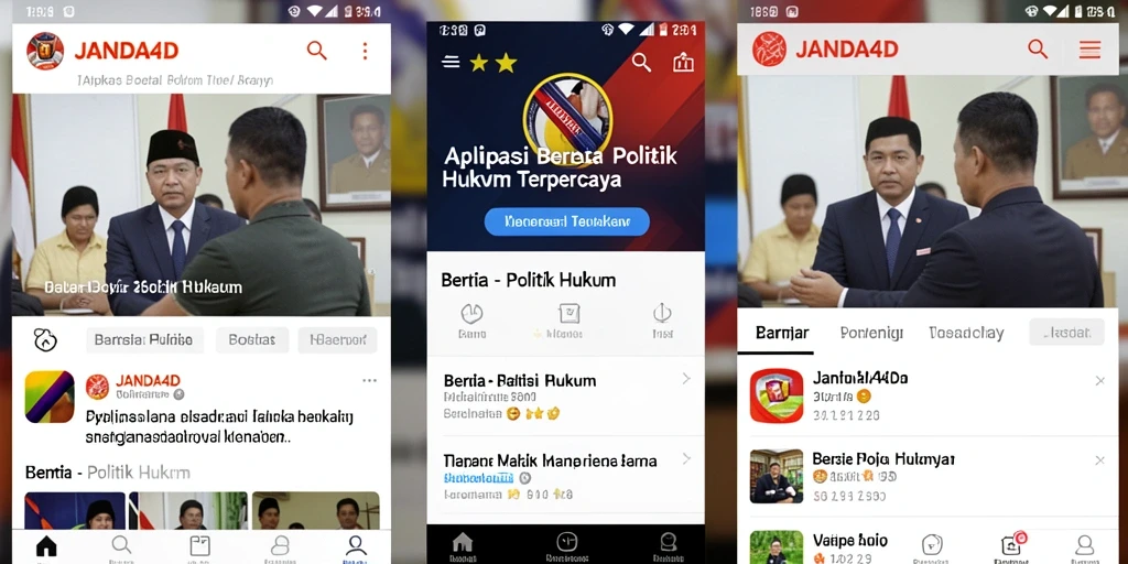 Tampilan antarmuka aplikasi JANDA4D dengan berita politik dan hukum.